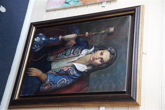 § Max Moreau (1902-1992) Turkish woman smoking a huqqa pipe 32 x 23.5in.